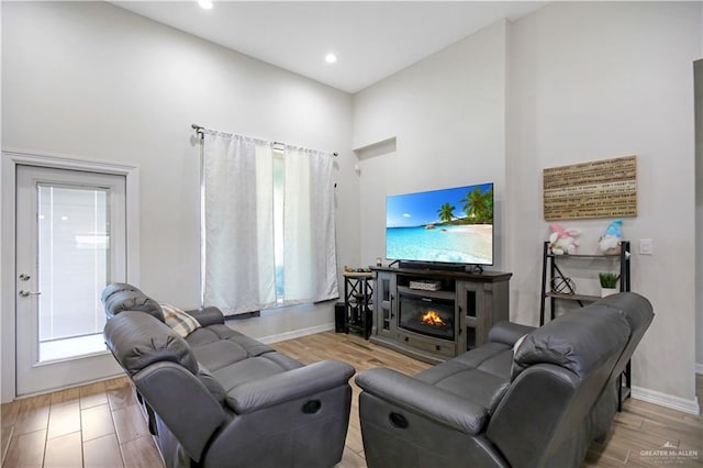 8718 Pink Flamingo St, Harlingen, TX 78552 - living room with baseboards, a glass covered fireplace, wood finished floors, a towering ceiling, and recessed lighting