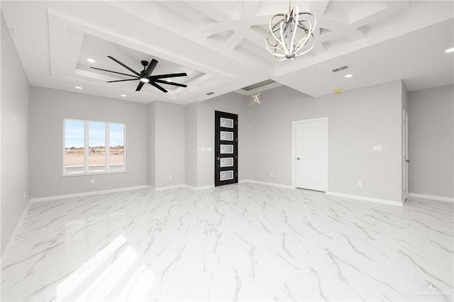 unfurnished room featuring ceiling fan with notable chandelier and coffered ceiling