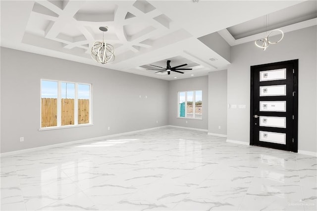 foyer featuring beam ceiling, ceiling fan with notable chandelier, and coffered ceiling