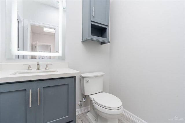 bathroom with vanity, wood-type flooring, and toilet