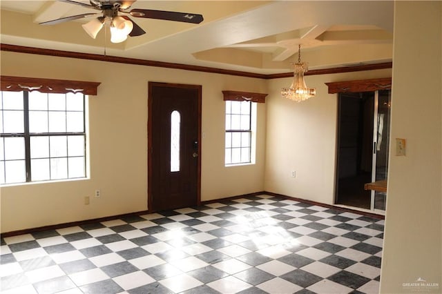 foyer featuring crown molding and ceiling fan with notable chandelier