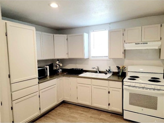 kitchen featuring white range with electric stovetop, sink, white cabinets, and light hardwood / wood-style floors