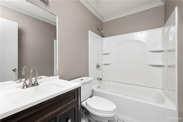 full bathroom with bathtub / shower combination, vanity, toilet, and crown molding