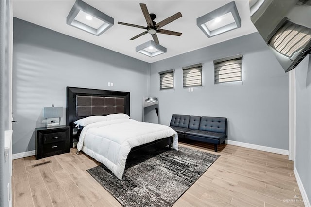 bedroom with ceiling fan and light hardwood / wood-style floors