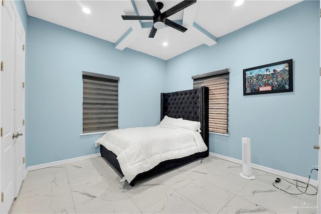 bedroom featuring ceiling fan and beamed ceiling