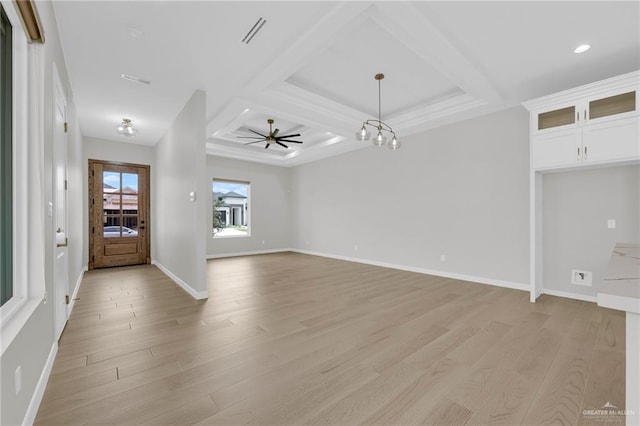 809 Azalea St, Mission, TX 78573 - unfurnished living room with light wood finished floors, coffered ceiling, a ceiling fan, baseboards, and beam ceiling