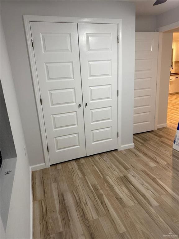 interior space featuring baseboards, a closet, and light wood-style floors