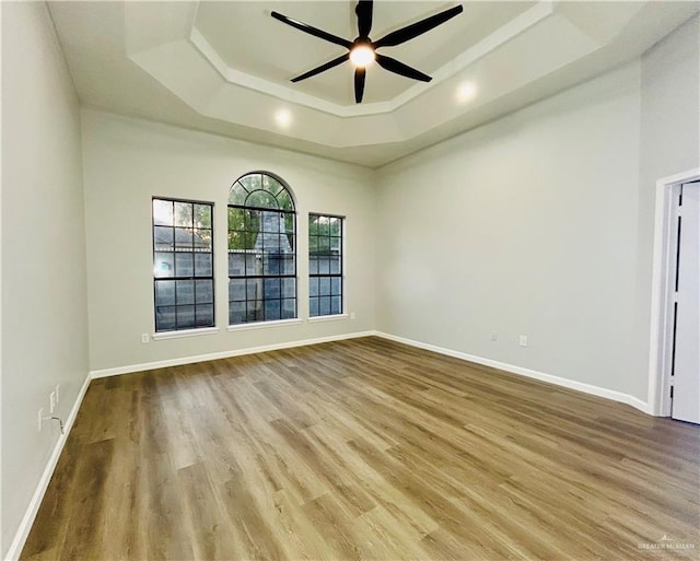 915 Durango St, Mission, TX 78572 - spare room with a tray ceiling, wood finished floors, ceiling fan, and baseboards