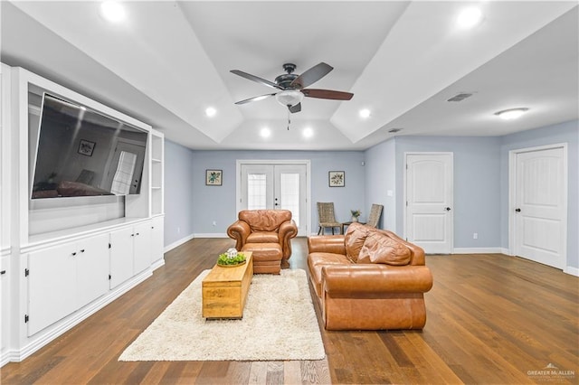 23807 Stuart Place Rd, Harlingen, TX 78552 - living room featuring ceiling fan, recessed lighting, dark wood-type flooring, french doors, and vaulted ceiling