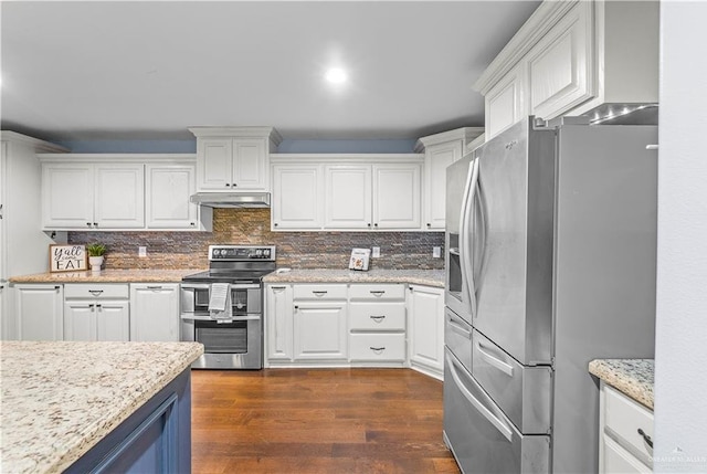 23807 Stuart Place Rd, Harlingen, TX 78552 - kitchen featuring appliances with stainless steel finishes, white cabinets, dark wood-style flooring, under cabinet range hood, and backsplash