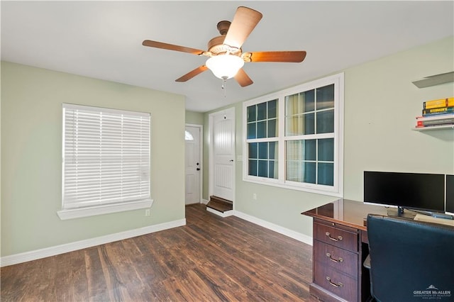 23807 Stuart Place Rd, Harlingen, TX 78552 - unfurnished office featuring dark wood-style flooring and a ceiling fan