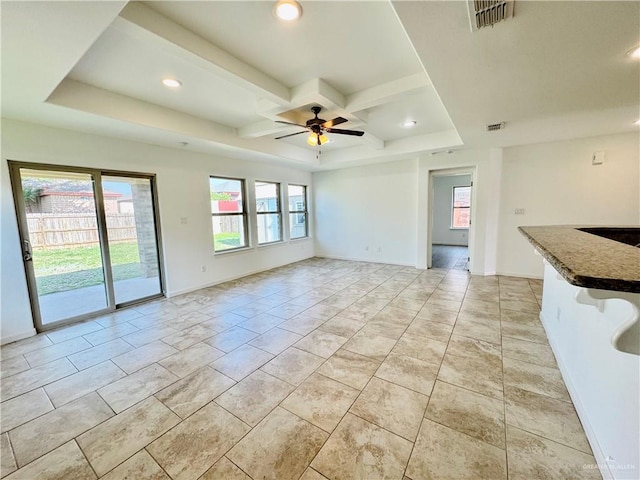 606 S Paseo Del Rey St, Mission, TX 78572 - unfurnished living room with coffered ceiling, recessed lighting, baseboards, a ceiling fan, and beam ceiling