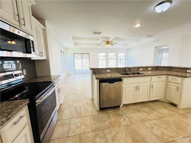 606 S Paseo Del Rey St, Mission, TX 78572 - kitchen with appliances with stainless steel finishes, a sink, ceiling fan, dark stone countertops, and a raised ceiling