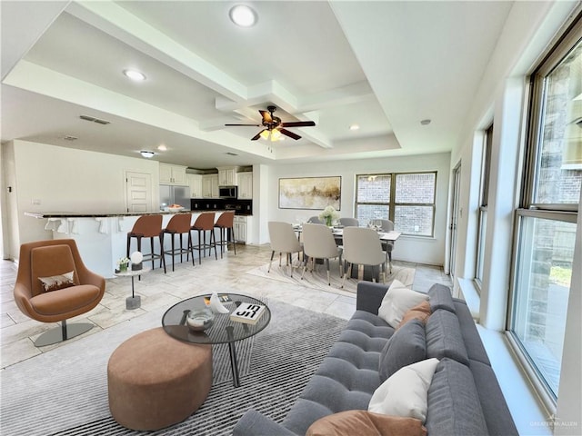 606 S Paseo Del Rey St, Mission, TX 78572 - living room featuring recessed lighting, a ceiling fan, beamed ceiling, and coffered ceiling