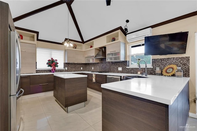 kitchen with open shelves, a sink, decorative backsplash, stainless steel appliances, and light countertops