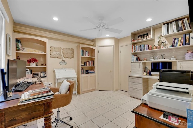 office featuring ceiling fan, light tile patterned floors, recessed lighting, and built in features