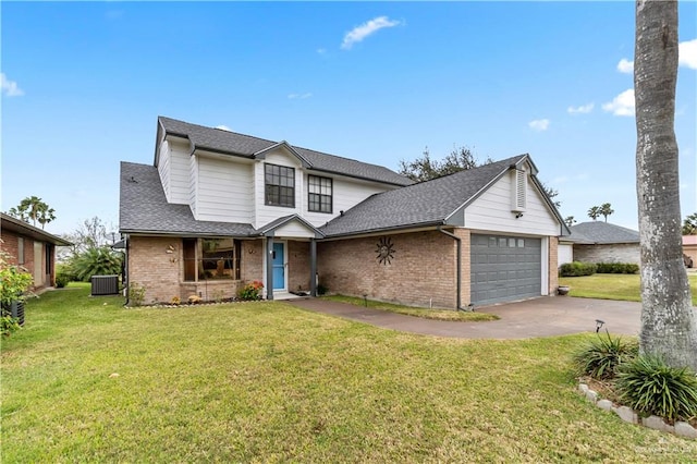 traditional-style home featuring central AC, driveway, brick siding, and a front lawn