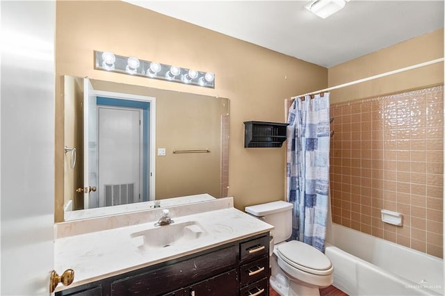 full bath featuring toilet, shower / bath combo, visible vents, and vanity