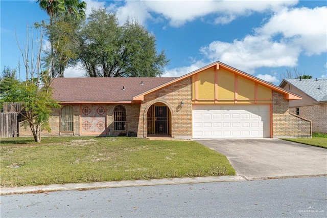 view of front of property featuring an attached garage, brick siding, a shingled roof, concrete driveway, and a front yard