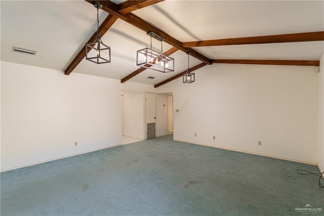 spare room featuring lofted ceiling with beams, light carpet, visible vents, and baseboards