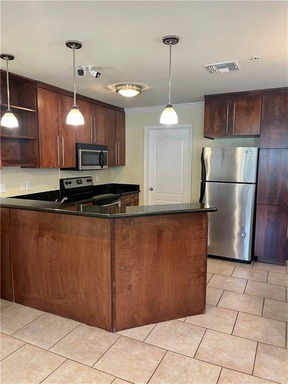 kitchen with dark brown cabinetry, hanging light fixtures, kitchen peninsula, appliances with stainless steel finishes, and ornamental molding