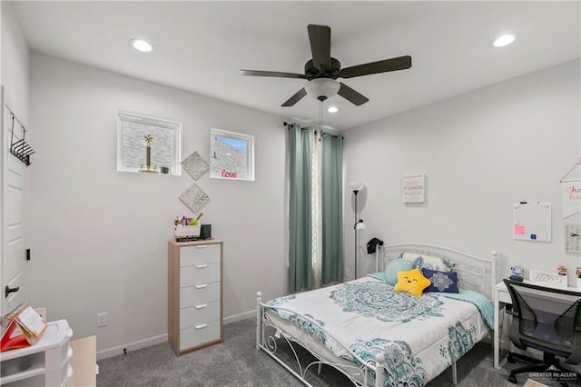 carpeted bedroom featuring ceiling fan