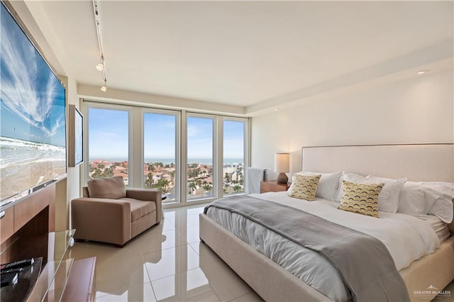 6300 Padre Blvd Unit 901, South Padre Island, TX 78597 - bedroom with multiple windows, light tile patterned floors, and rail lighting