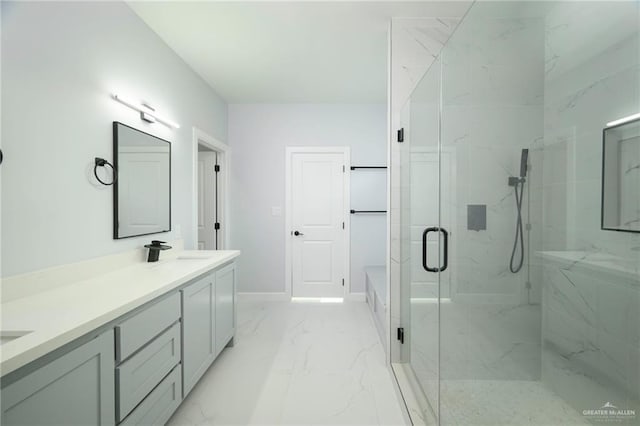 bathroom featuring separate shower and tub and vanity