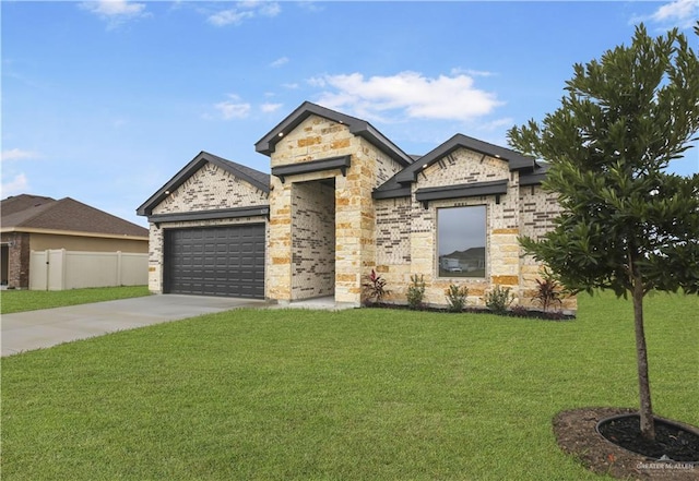 view of front of home with a garage and a front lawn