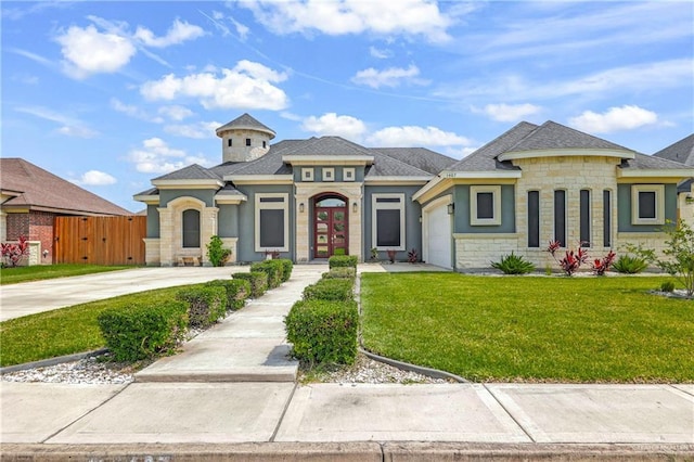 view of front of house with a garage, a front yard, and french doors