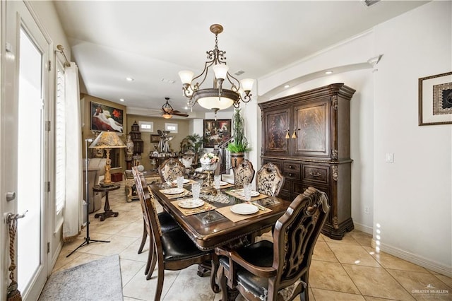 1901 Pecos St, Mission, TX 78572 - dining area with a ceiling fan, light tile patterned flooring, a chandelier, and recessed lighting