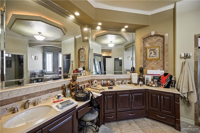 1901 Pecos St, Mission, TX 78572 - full bath featuring tasteful backsplash, vanity, ornamental molding, and tile patterned flooring