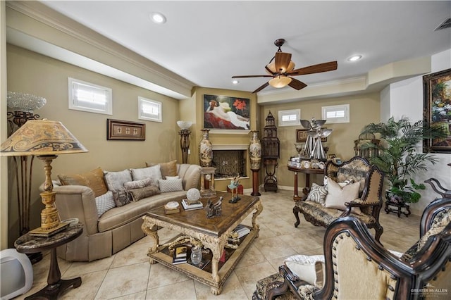 1901 Pecos St, Mission, TX 78572 - living room featuring ceiling fan, tile patterned floors, crown molding, and recessed lighting