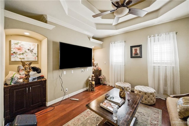 1901 Pecos St, Mission, TX 78572 - living room featuring a raised ceiling, ceiling fan, and wood finished floors