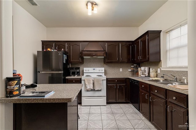 kitchen featuring light tile patterned floors, sink, dark brown cabinets, and black appliances