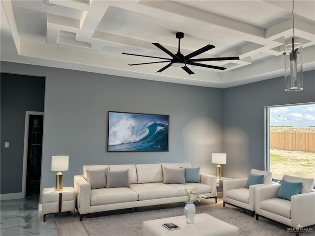 living room with beam ceiling, ceiling fan, and coffered ceiling