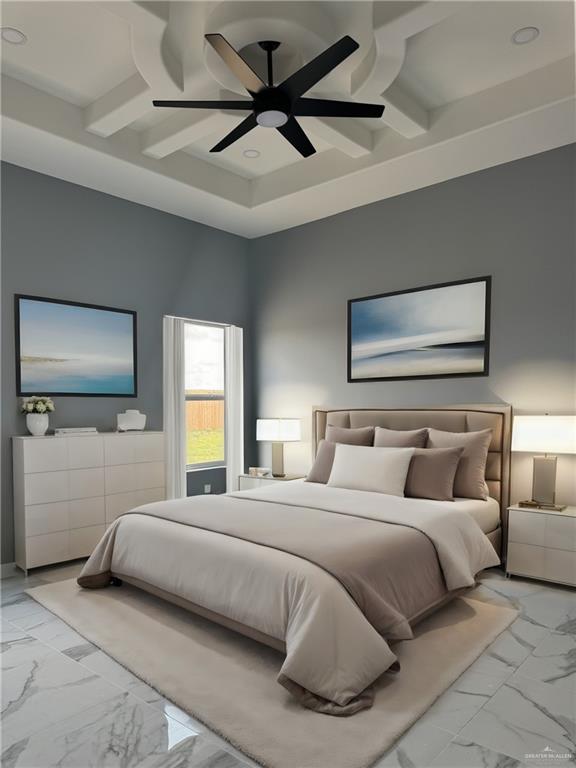 bedroom featuring beam ceiling and ceiling fan