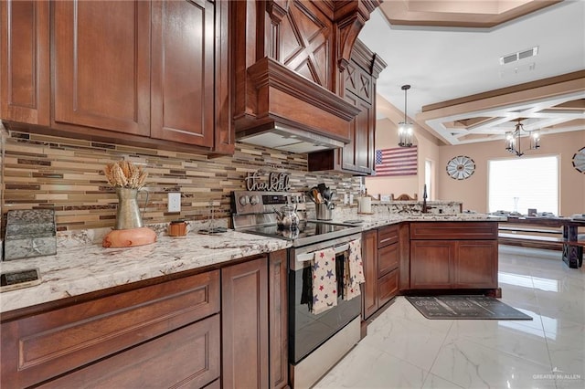 2000 Shelby St, Mission, TX 78572 - kitchen featuring stainless steel electric range oven, light marble finish floors, a peninsula, decorative backsplash, and coffered ceiling
