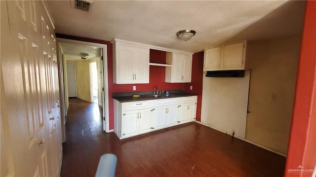 601 E Ricky Crossland Ave, Elsa, TX 78543 - kitchen with dark wood finished floors, dark countertops, a sink, open shelves, and white cabinetry