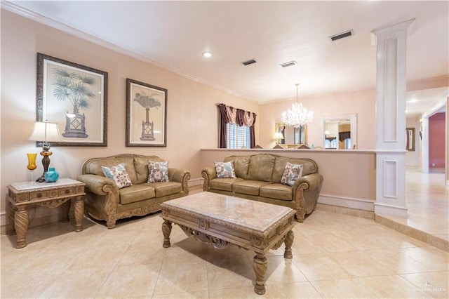 tiled living room with decorative columns, ornamental molding, and a notable chandelier