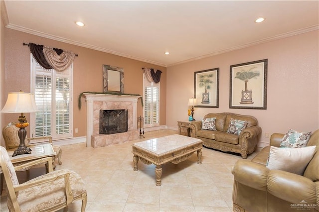 living room featuring light tile patterned flooring, crown molding, and a premium fireplace