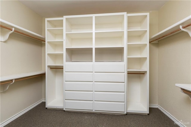 walk in closet featuring dark carpet