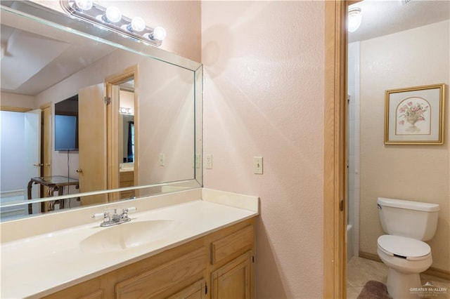 full bathroom with tile patterned flooring, vanity, toilet, and tub / shower combination