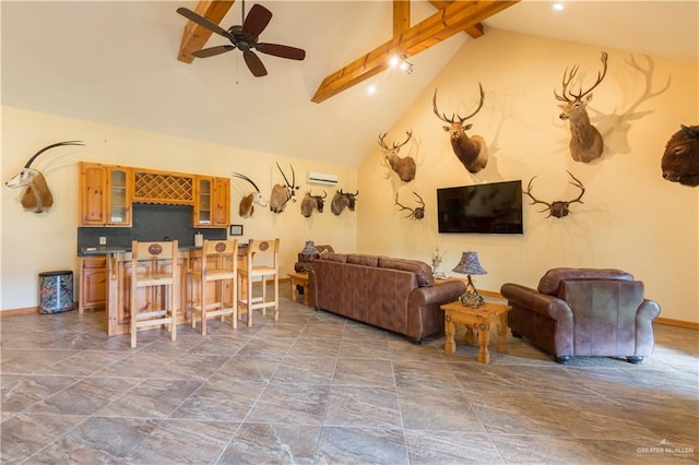 living room featuring indoor bar, lofted ceiling with beams, a wall mounted AC, and ceiling fan