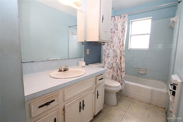 bathroom with radiator heating unit, shower / tub combo with curtain, vanity, and toilet