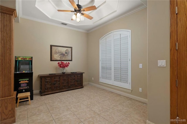 5109 Quince Ave, Mcallen, TX 78501 - bedroom featuring ornamental molding, light tile patterned flooring, baseboards, and a ceiling fan
