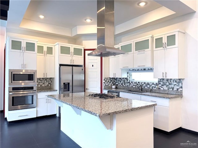 kitchen featuring a tray ceiling, a center island, island exhaust hood, appliances with stainless steel finishes, and a sink