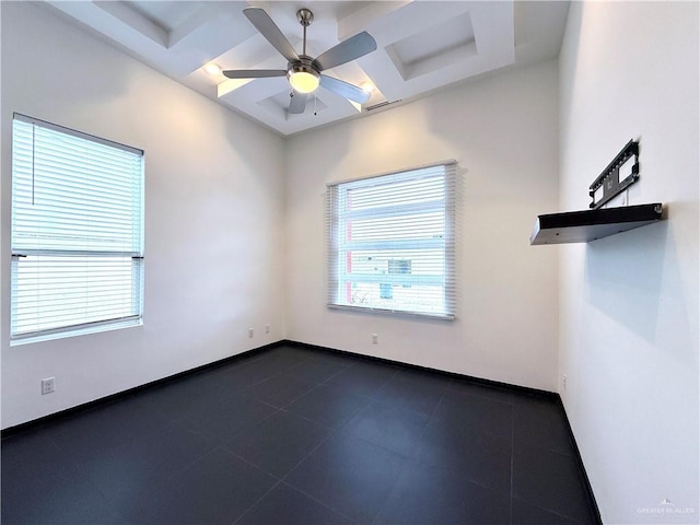 empty room featuring ceiling fan, baseboards, coffered ceiling, and beamed ceiling