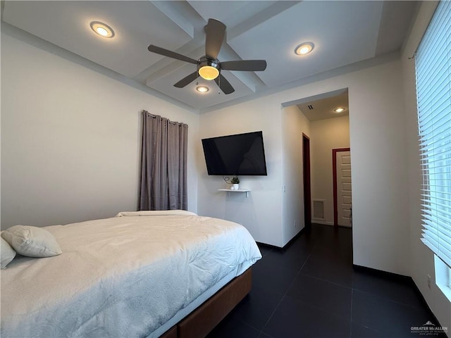 bedroom featuring dark tile patterned floors, visible vents, a ceiling fan, and recessed lighting