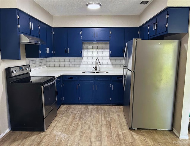 kitchen with light wood-type flooring, under cabinet range hood, tasteful backsplash, a sink, and stainless steel appliances